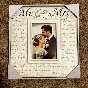 12x12 frame with room for 5x7 photo. Mr & Mrs
